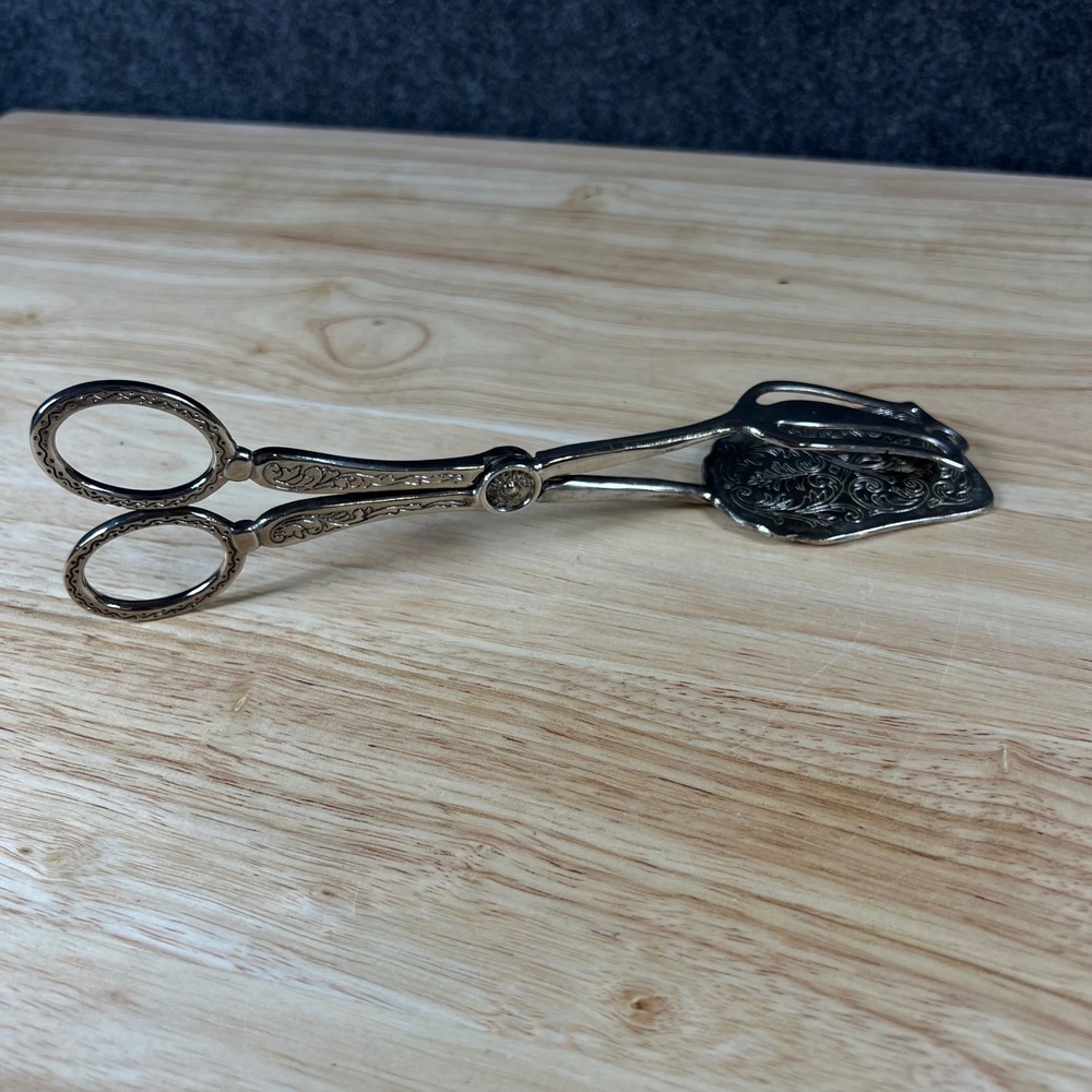 Vintage Silverplate Scissor Pastry Tongs Embossed Scroll Serving Tool
